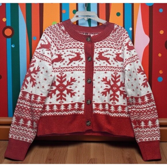 Christmas Sweater Dec. 25th Women’s S  Red/White Snowflakes Reindeer Cardigan - Picture 1 of 6